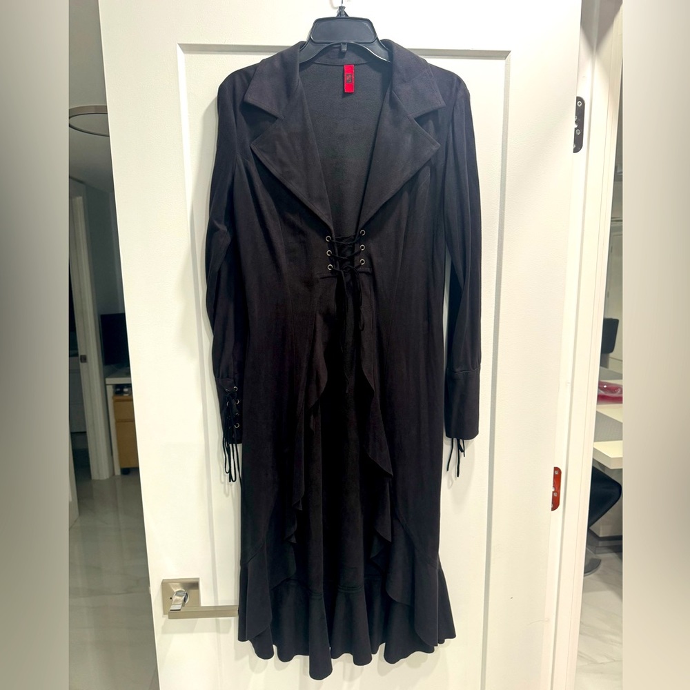 JUST IN TIME USA High Low Black Cardigan. Ruffles, front and sleeves laces. M